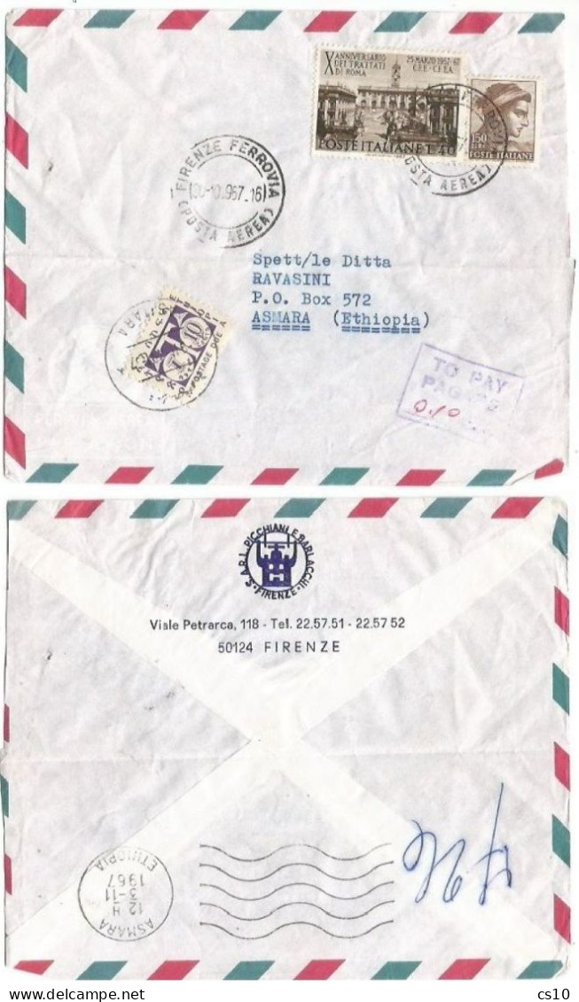 SCARCE !!!!!!!!! Ethiopia Commerce Airmail CV Italy 30oct1967 To Asmara Taxed (To Pay) With Postage Due C.10 On 4feb1967 - Etiopía