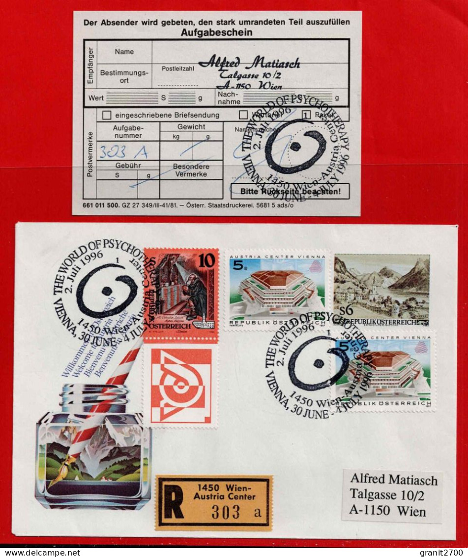 GS - Brief Reko Mit Sonderstempel 1450 Wien - Austria Center - Vienna - Psychotherapie Vom  2.7.1996 Mit Aufgabeschein - Storia Postale