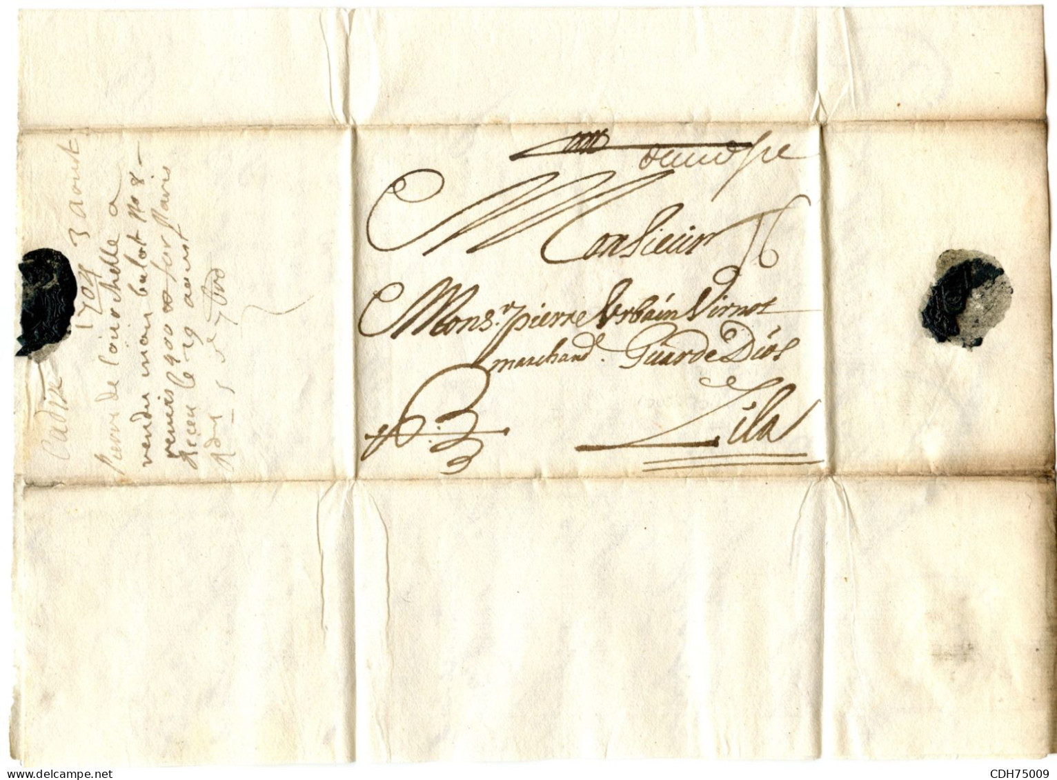 ESPAGNE - D'ANDALOUSIE MANUSCRIT + TAXE 16 SUR LETTRE AVEC CORRESPONDANCE DE CADIX POUR LILLE, AOUT 1704 - ...-1850 Préphilatélie