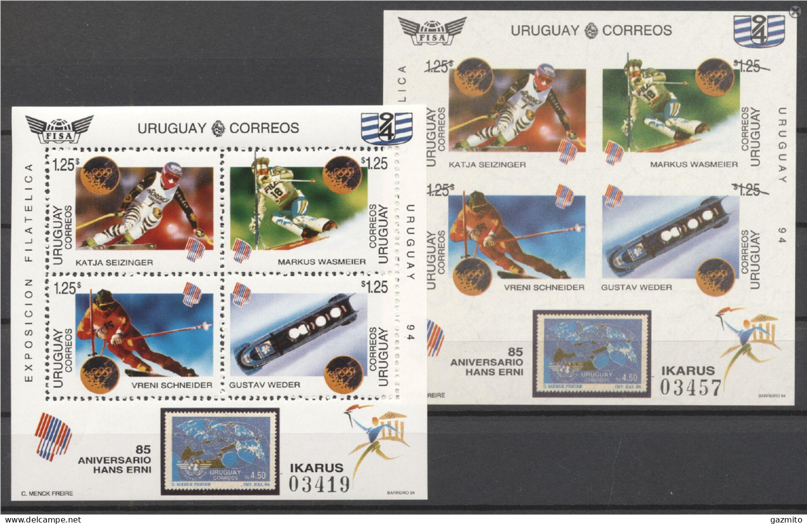 Uruguay 1994, Filaexpo, Skiing, Bob Sledge, BF+BF IMPERFORATED - Filatelistische Tentoonstellingen