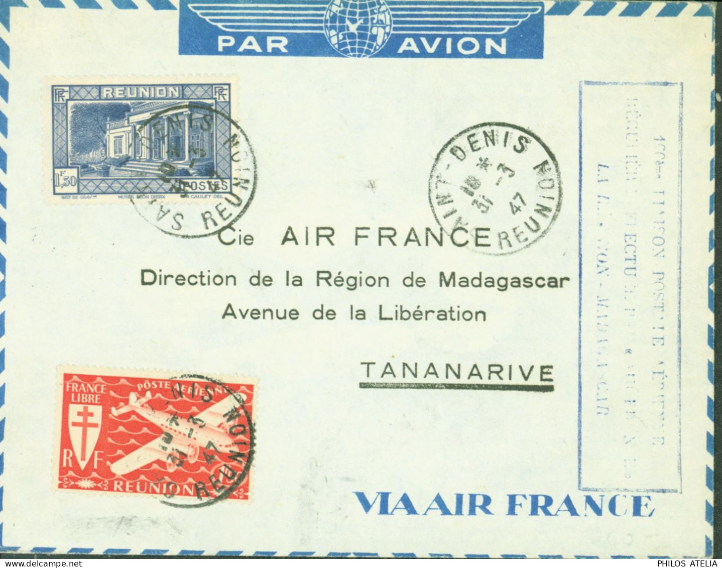 100ème Liaison Postale Aérienne Régulière Effectuée Par Air France La Réunion Madagascar CAD St Denis 31 3 45 La Réunion - Posta Aerea