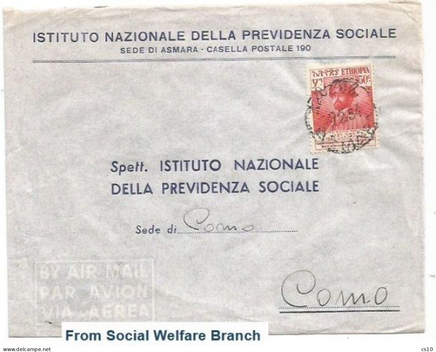 Ethiopia Welfare Airmail CV Asmara 10feb1954 X Italy With Selassiè C50 Solo Franking - Etiopía