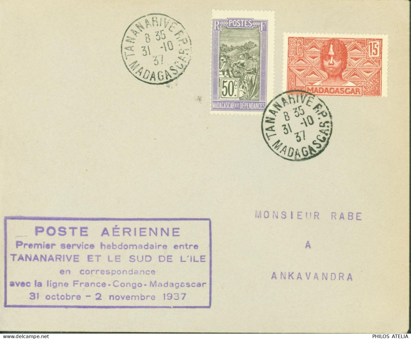 Madagascar Cachet Poste Aérienne 1er Service Hebdomadaire Entre Tananarive & Sud De L'ile - Poste Aérienne