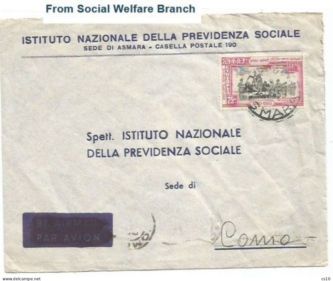 Ethiopia Welfare Surface Mail CV Asmara 23aug1956 X  Italy With Silver Jubilee C.25 Solo - Ethiopia