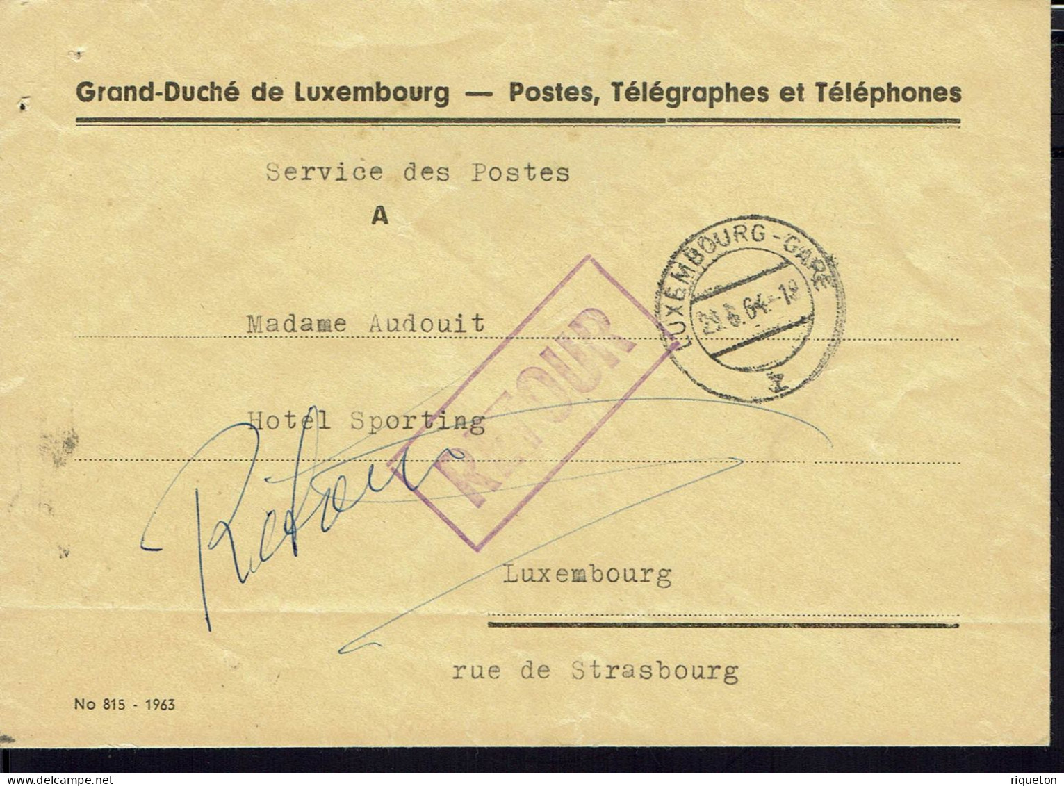 Luxembourg. Grand-Duché. P.T.T. Service Des Postes. Enveloppe En Ville 29-6-64. Parti Sans Laisser D'adresse. Retour. - Covers & Documents