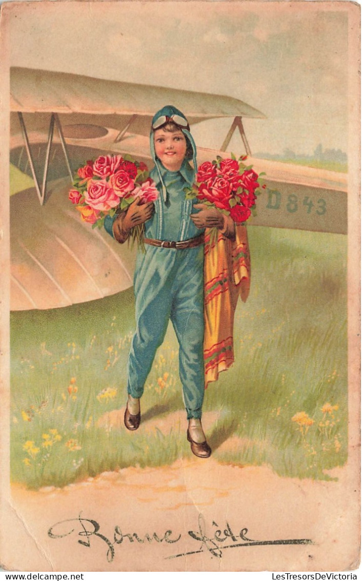 FETES - VOEUX - Bonne Fête - Jeune Pilote Avec Des Fleurs - Carte Postale Ancienne - Autres & Non Classés