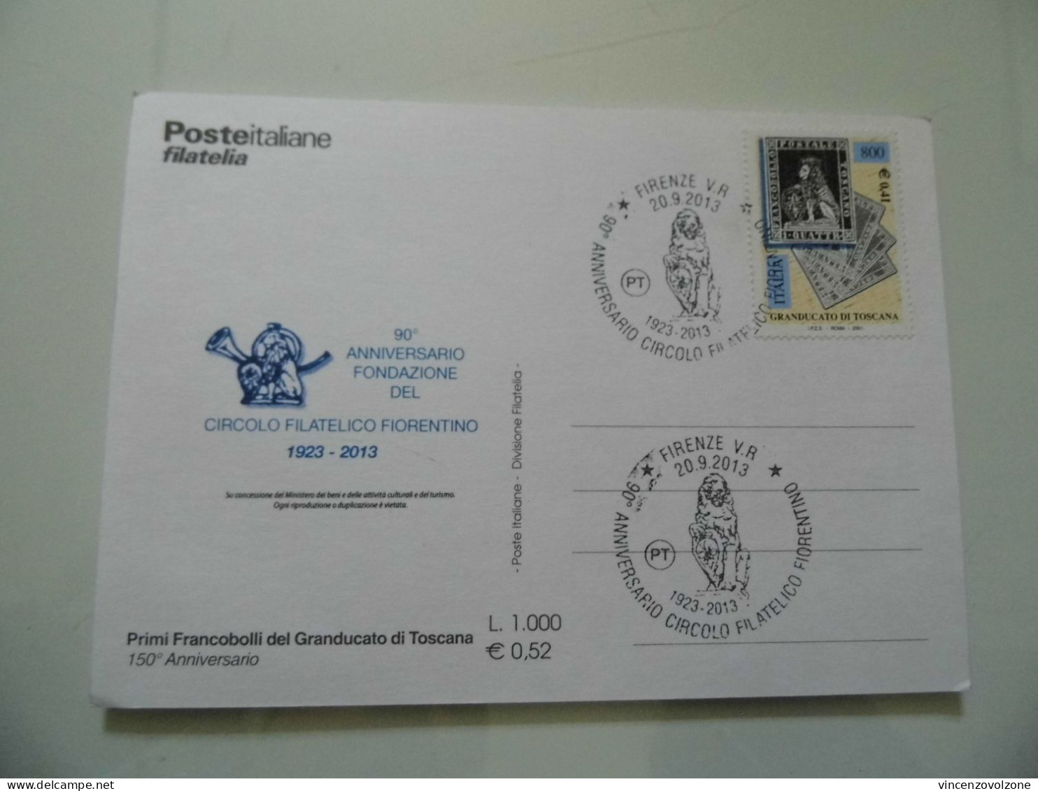 Cartolina Postale "90° Anniversario Fondazione Circolo Filiatelico Fiorentino" 2013 - 2011-20: Poststempel