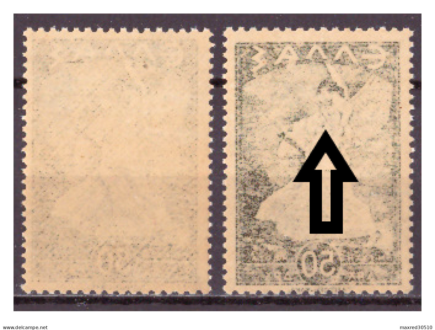 GREECE 1945 2X50L. OF THE "GLORY ISSUE" THE 2ND ONE (SEE ARROWS) WITH MIRROR PRINTING AT THE GUM ERROR MNH - Variétés Et Curiosités