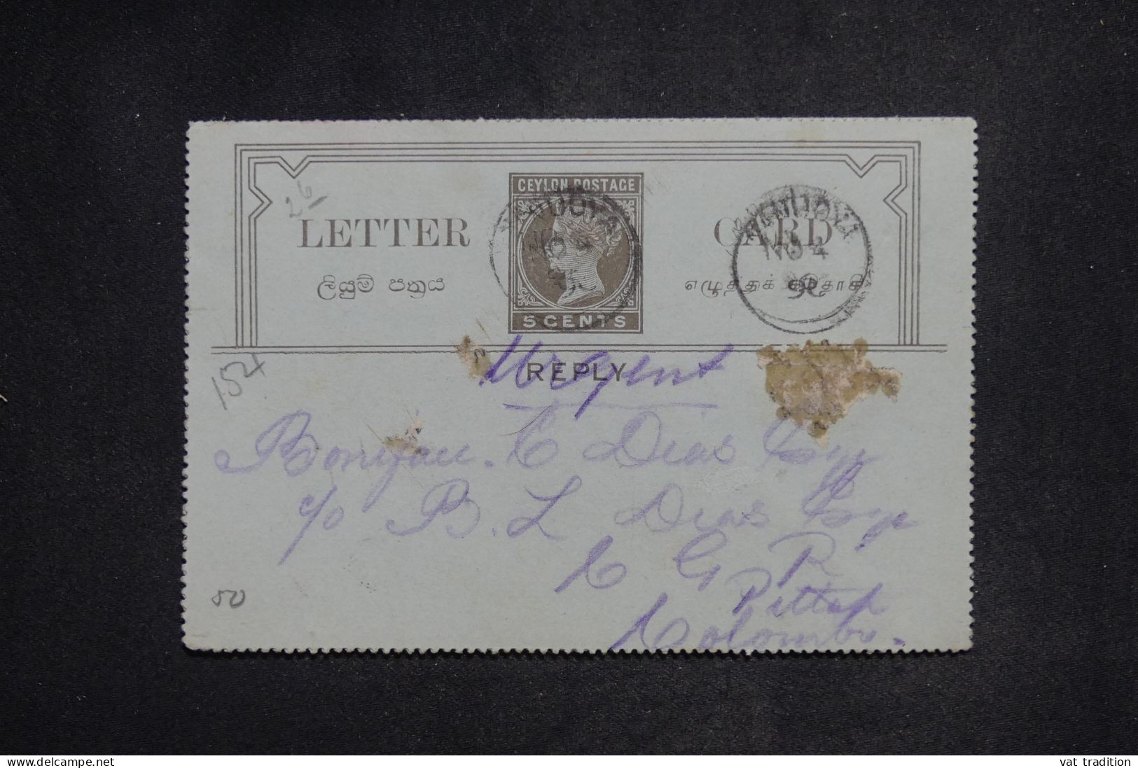 CEYLAN - Entier Postal Réponse De Londres Pour Colombo  En 1898 - L 151509 - Ceylon (...-1947)