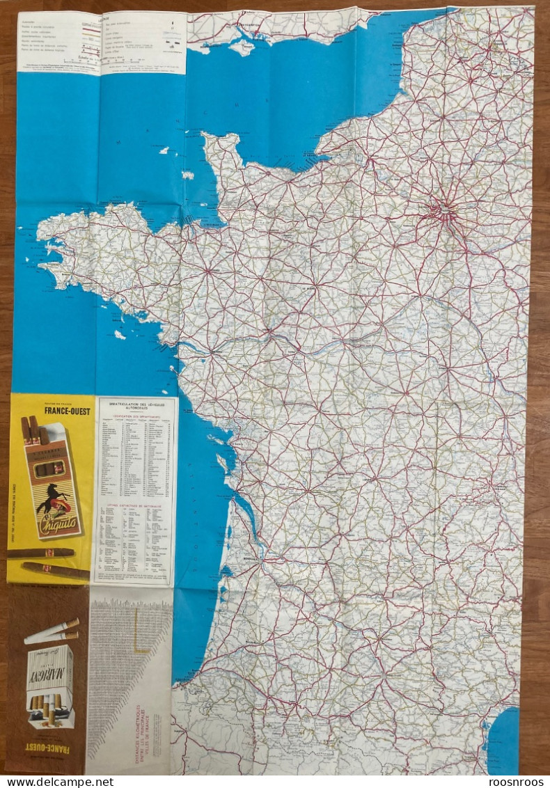 CARTE DES ROUTES DE FRANCE (OUEST) AU 1/1 000 000  - REGIE FRANCAISE DES TABACS 1960 - PUB MARIGNY ET CHIQUITO - SEITA - Roadmaps