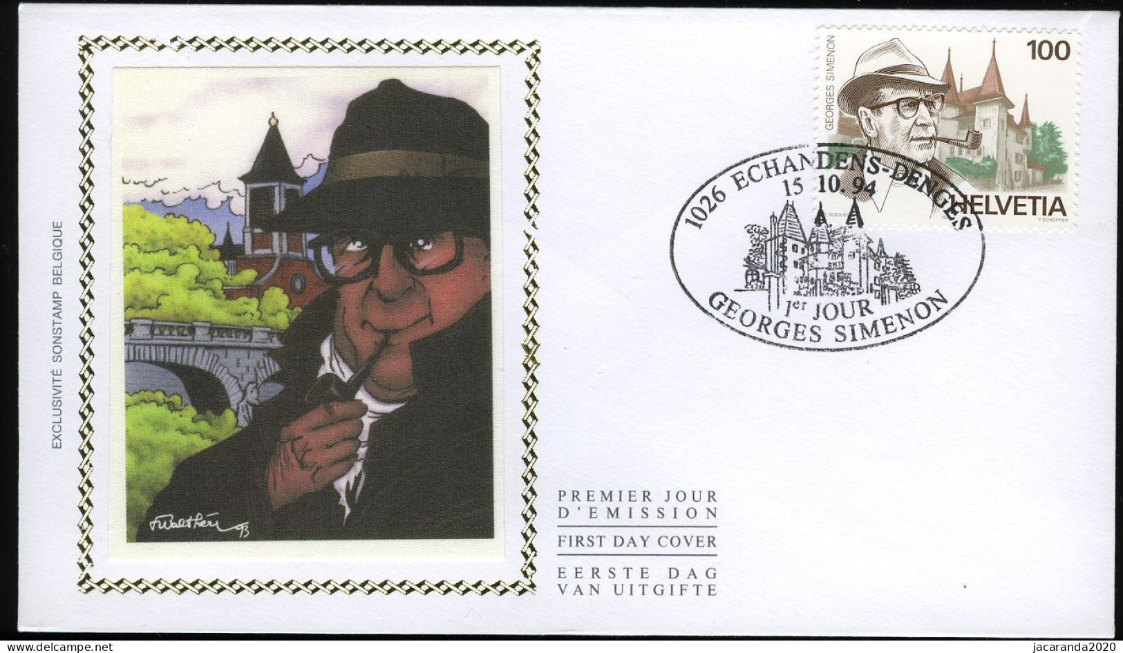 Helvetia - Georges Simenon - Gezamenlijke Uitgifte - België - Frankrijk - Zwitserland - FDC Zijde - FDC Soie - 1994 - Emissions Communes