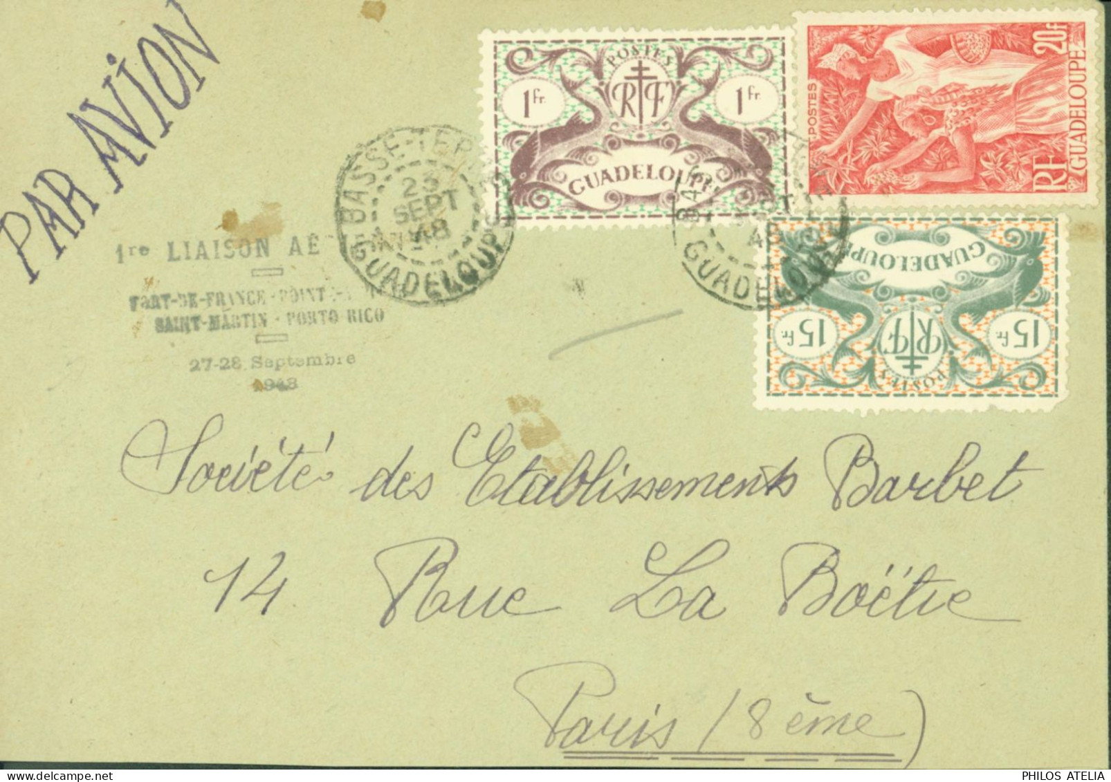 1ère Liaison Aérienne Fort De France Pointe à Pitre Saint Martin Porto Rico SEPT 1948 YT Guadeloupe N°184 195 211 - Lettres & Documents