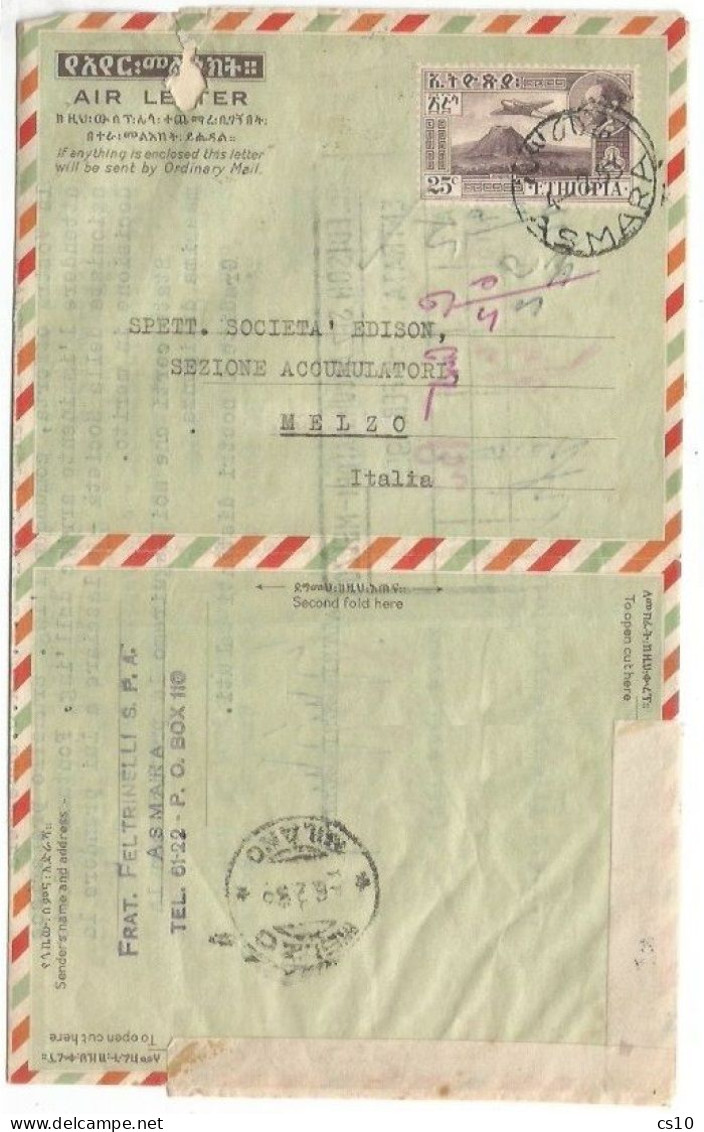 Ethiopia Stationery Air Letter Aerogramme C.25 Simple Commerce Use Asmara 4feb1953 To Italy - Ethiopia