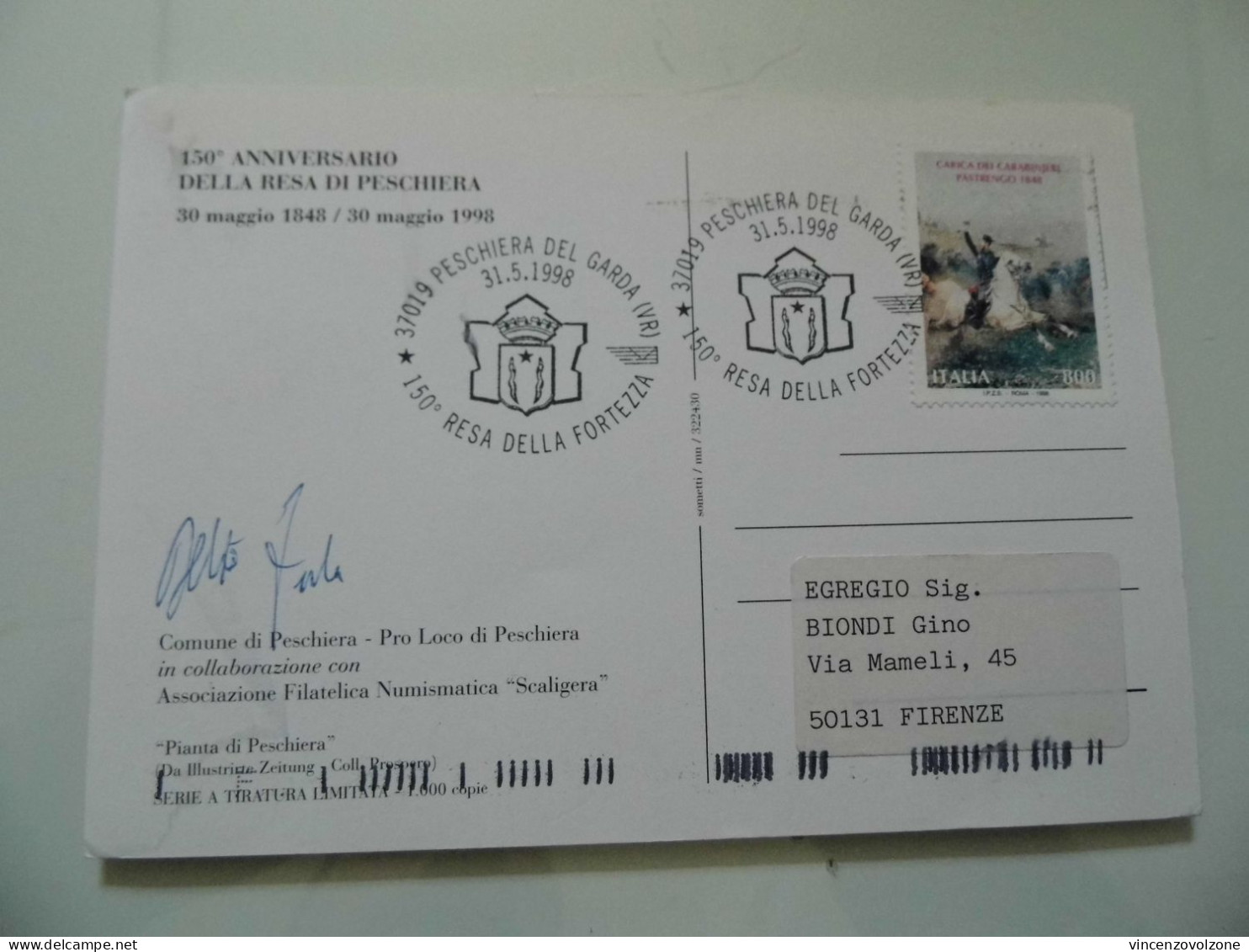 Cartolina Postale "150° ANNIVERSARIO DELLA RESA DI PESCHIERA 1848 - 1998" - 1991-00: Marcofilia