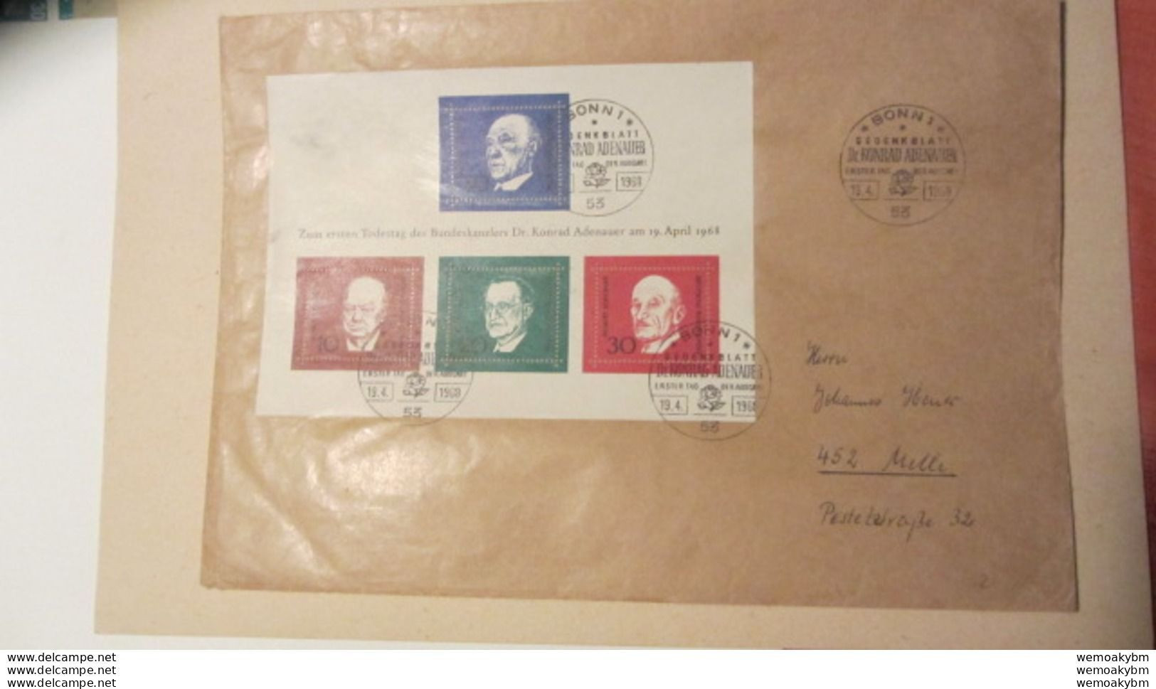 BRD: Brief Mit Block 4 Zum 1. Todestag Von Konrad Adenauer SoSt. 19.4.1968 FDC  Knr: Block 4 - 1950-1970