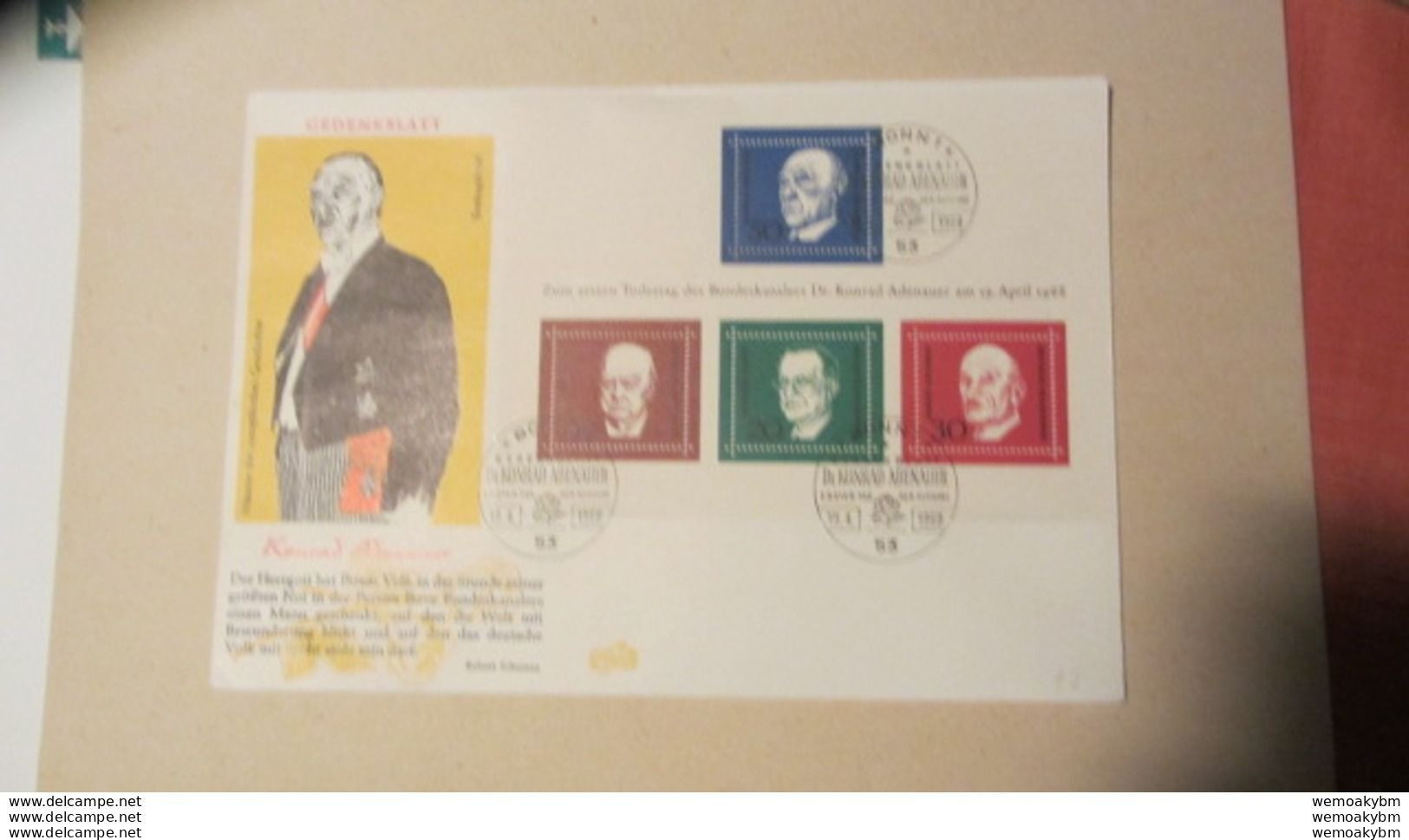 BRD: Gedenkplatt Mit Block 4 Zum 1. Todestag Von Konrad Adenauer SoSt. 19.4.1968 FDC  Knr: Block 4 - 1950-1970