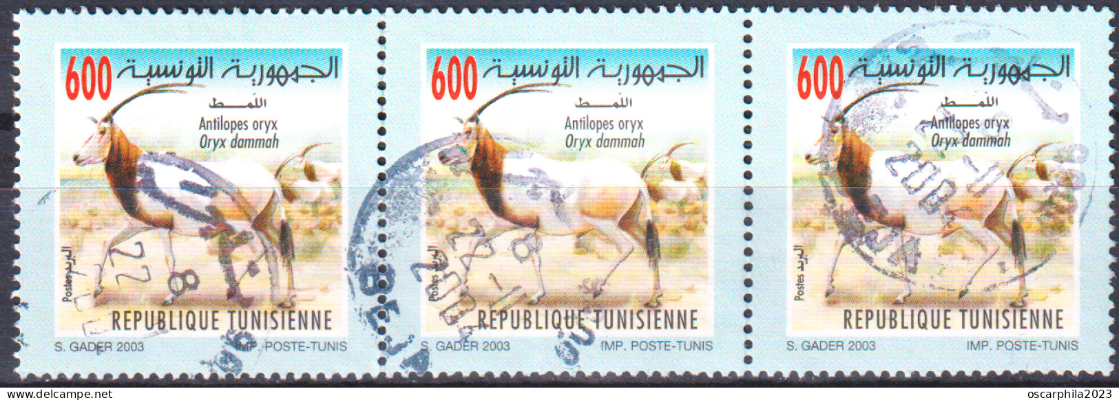 2003-Tunisie / Y&T 1493 - Faune Et Flore En Tunisie/ Antilopes Oryx - Bande De 3 Obli - Tunisia