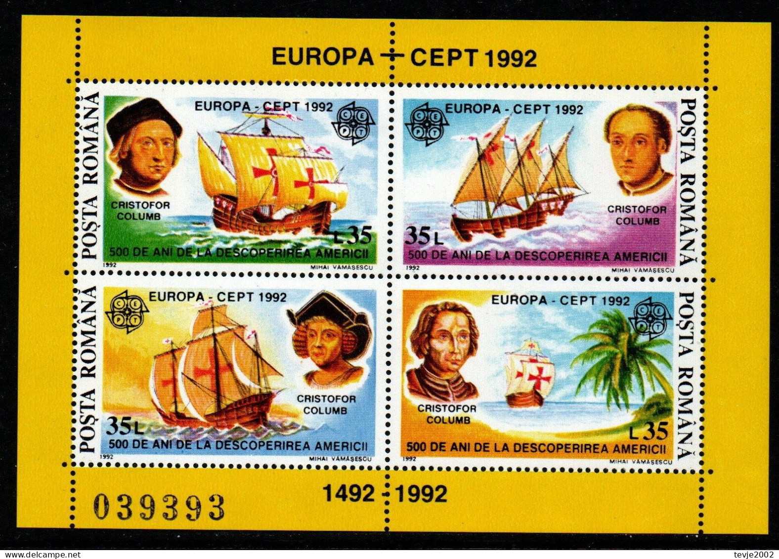Rumänien 1992 - Mi.Nr. Block 271 - Postfrisch MNH - Schiffe Ships Europa CEPT - 1992