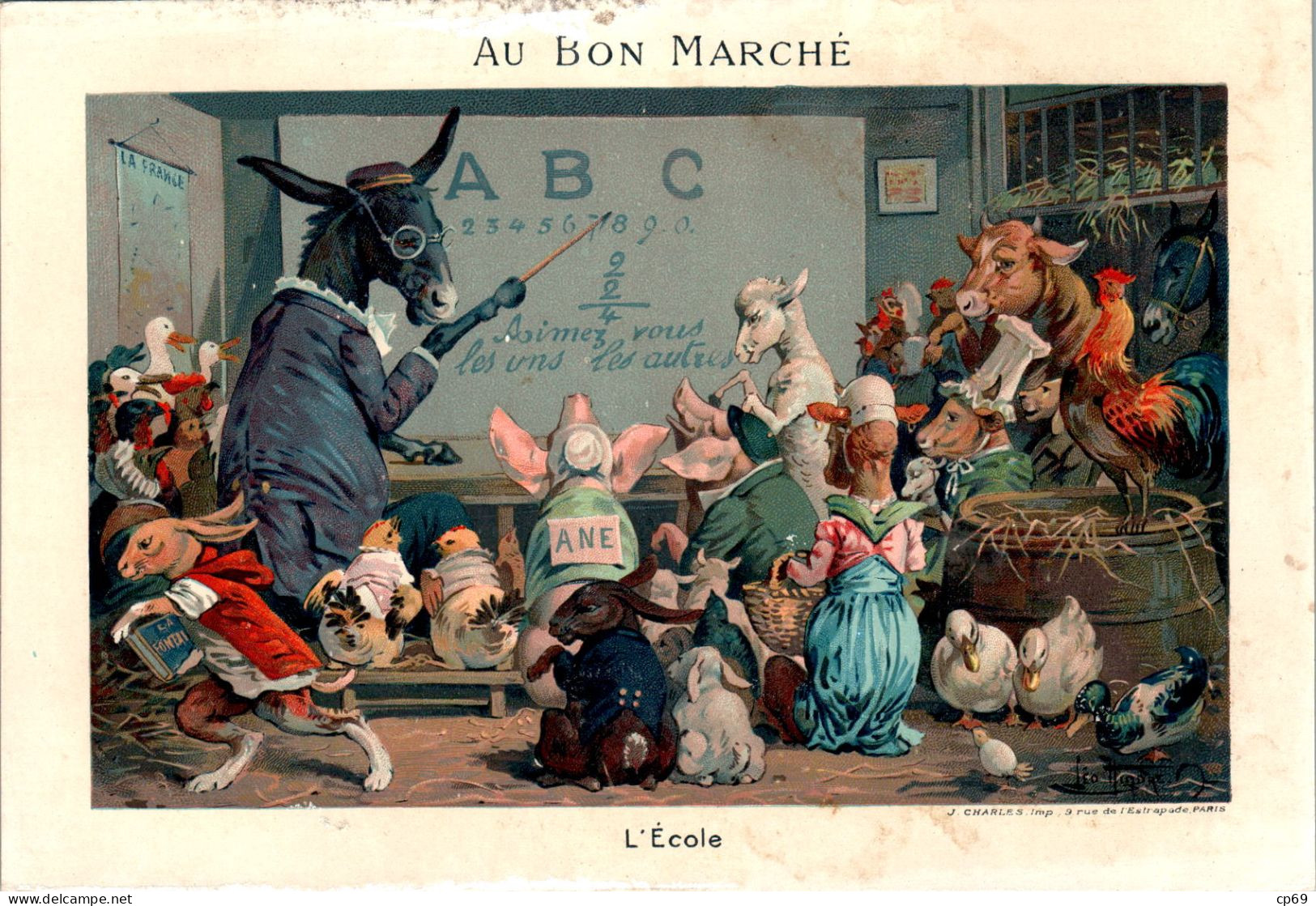 Chromo Au Bon Marché CHA-1 - N°2 L'Ecole School - Animaux Humanisés Animali Personificati Cochon Canard Lapin En B.Etat - Au Bon Marché