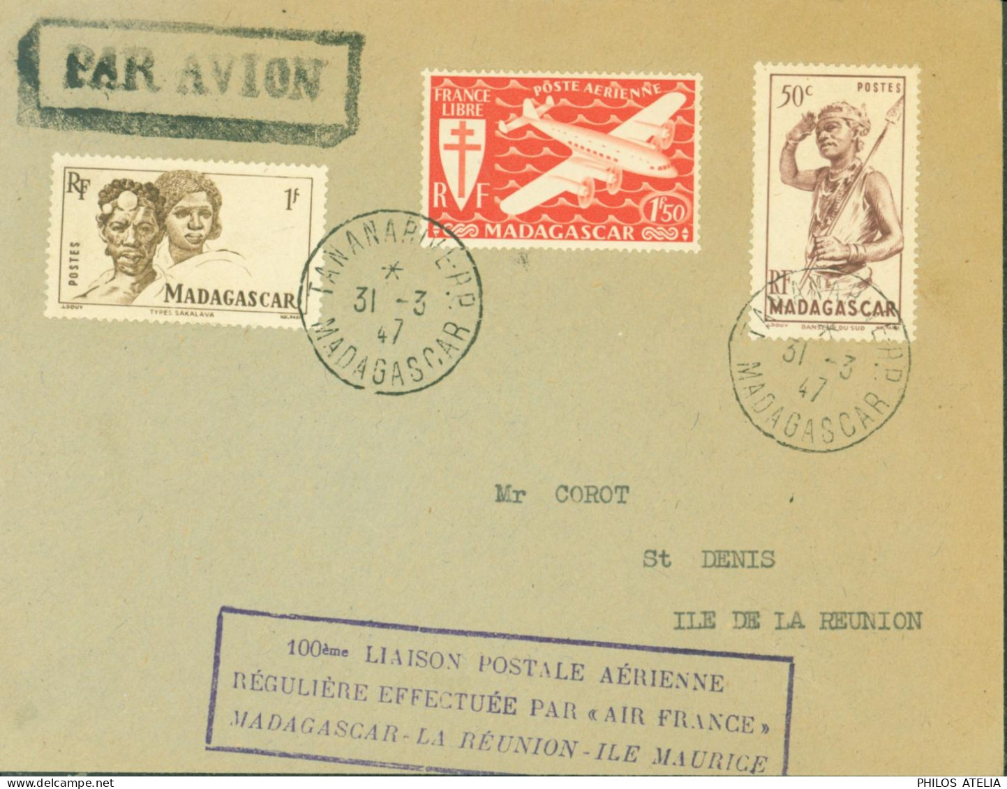 100 Liaison Postale Aérienne Régulière Effectuée Par Air France Madagascar La Réunion Ile Maurice CAD Tananarive 31 3 47 - Poste Aérienne