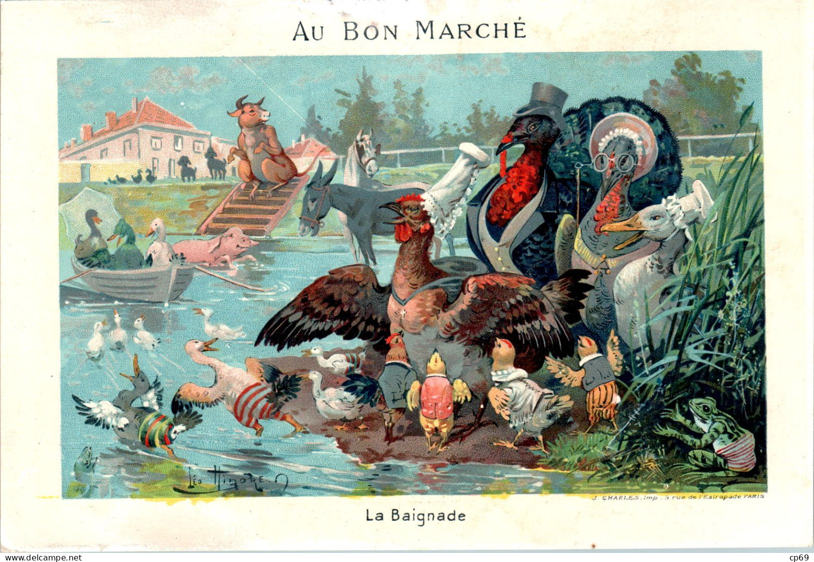 Chromo Au Bon Marché CHA-1 - N°3 La Baignade - Animaux Humanisés Animali Personificati Cochon Canard Âne En B.Etat - Au Bon Marché