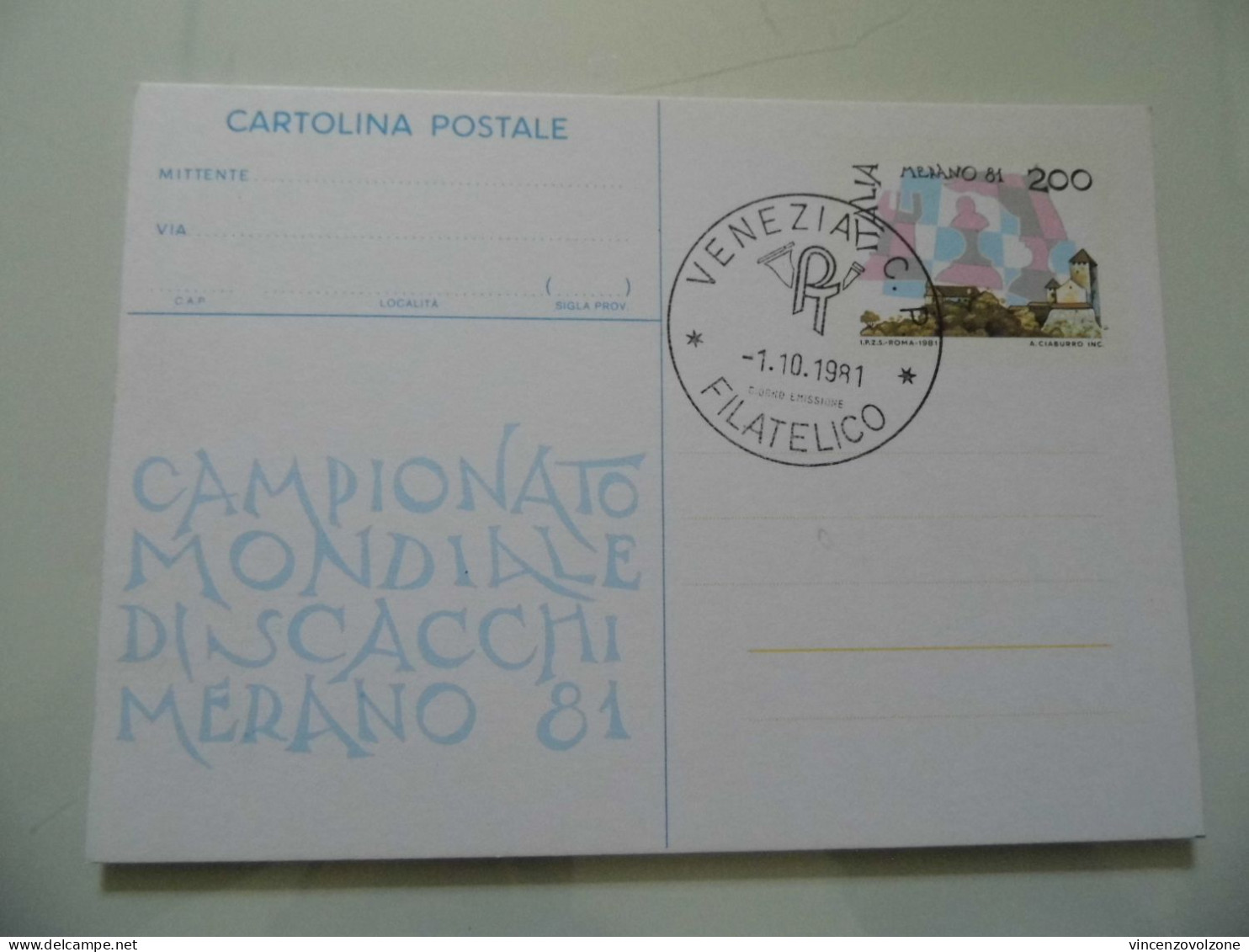 Cartolina Postale "CAMPIONATO MONDIALE DI SCACCHI MERANO '81" - 1981-90: Marcophilie