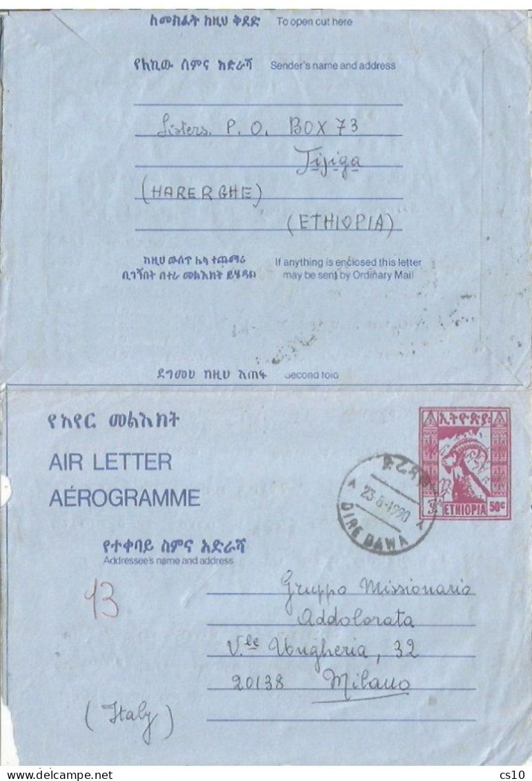 Ethiopia Stationery Air Letter Aerogramme C.50 Moufflon Dire Daua 23aug1990 To Italy - Ethiopie