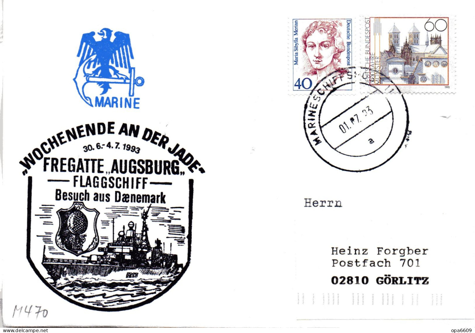 (Freg3)BRD Cachetumschlag FREGATTE "AUGSBURG" F213 Wochenende An Der Jade 1993"MiF BRD TSt 1.7.93 MARINESCHIFFSPOST - Bateaux