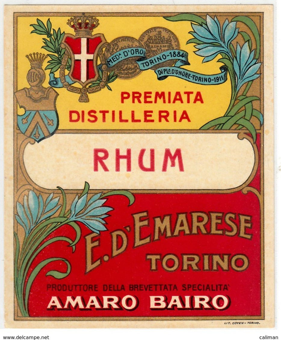 RHUM ETICHETTA LABEL ORIGINALE - D'EMARESE TORINO - Rum