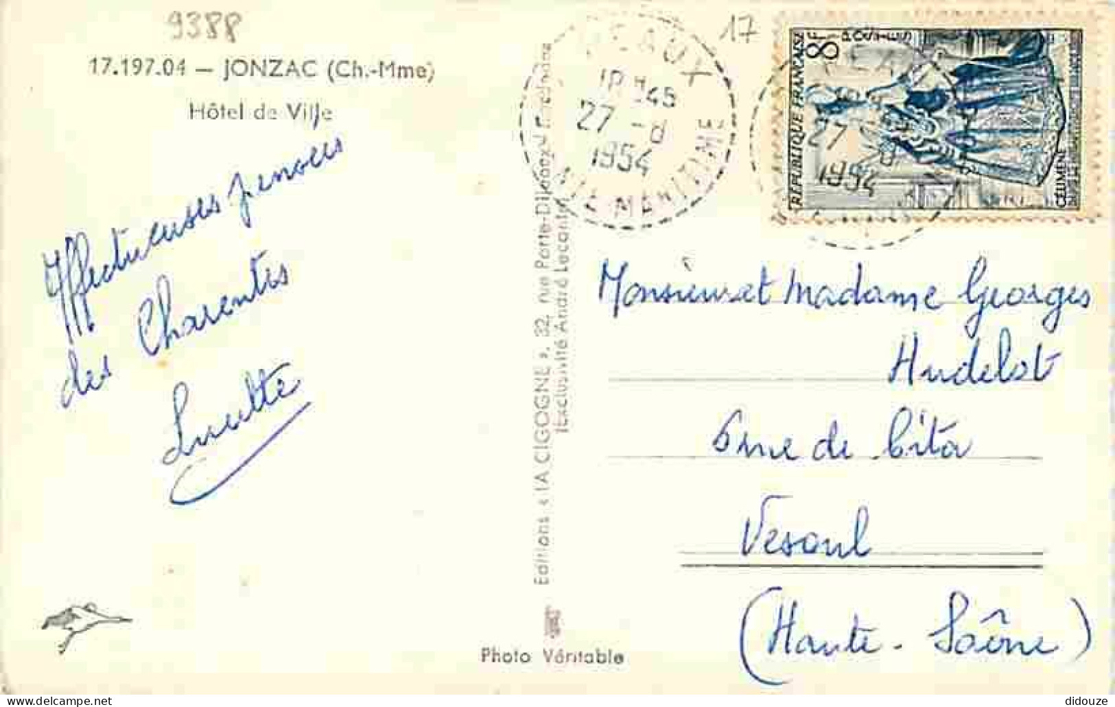 17 - Jonzac - Hotel De Ville - Animée - Voir Timbre - Oblitération Ronde De 1954 - CPA - Voir Scans Recto-Verso - Jonzac