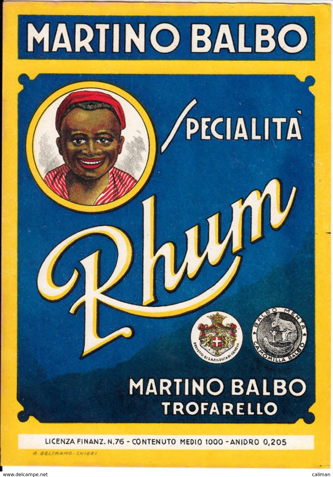 RHUM ETICHETTA LABEL ORIGINALE - MARTINO BALBO TROFARELLO - TORINO - Rum
