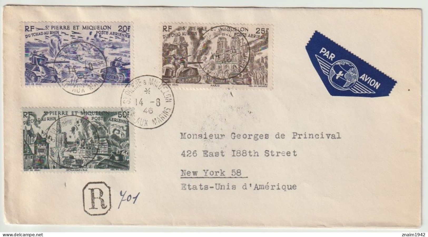 1946 ST PIERRE MIQUELON LETTRE PAR AVION RDEE AFFR TCHAD AU RHIN OBLITERES ST PIERRE MIQUELON ILE AUX MARINS - Brieven En Documenten