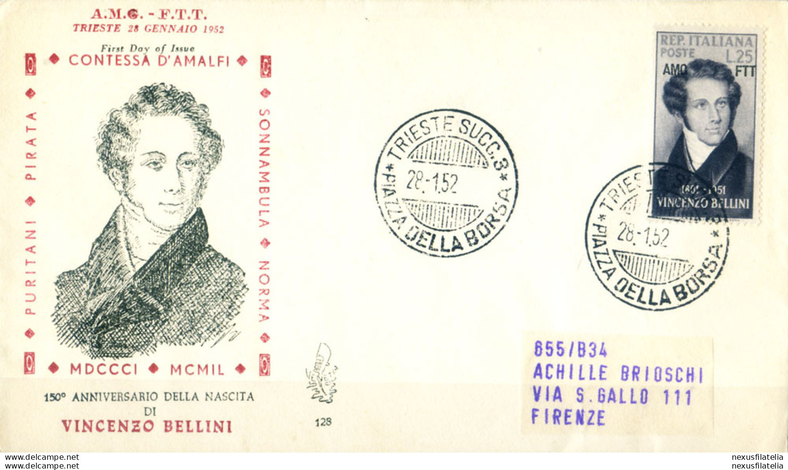 Zona A. Vincenzo Bellini FDC 1952. - Sonstige & Ohne Zuordnung