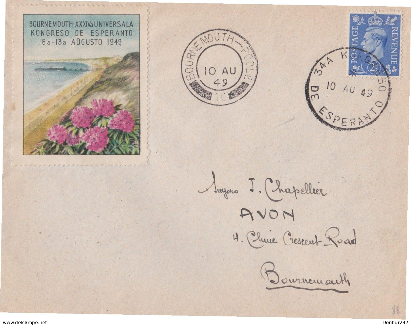 Espéranto 34° Congrès De Bournemouth Du 6 Au 12 Aout 1949 Lettre Du 10août 1949 Avec Invitation - Storia Postale
