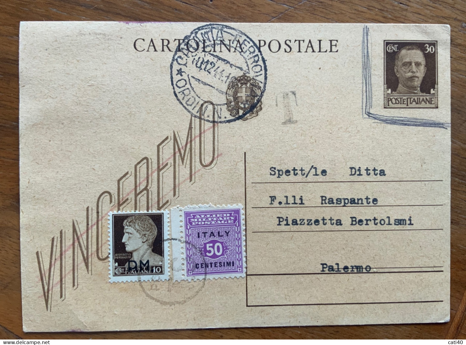 SICILIA - OCCUPAZIONE ANGLO AMERICANA - 50 C. + Imperiale 10 C. P.M. - C.P. DA CATANIA A PALERMO DEL 10/12/44 - Anglo-Amerik. Bez.: Sicilë