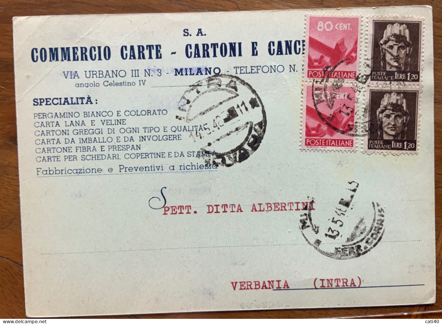 RE DI MAGGIO - MILANO 13/5/46 Su Coppie : 80 C +L.1,20 - CARTOLINA S.A. COMMERCIO CARTE E CARTONI - PER VERBANIA - Poststempel