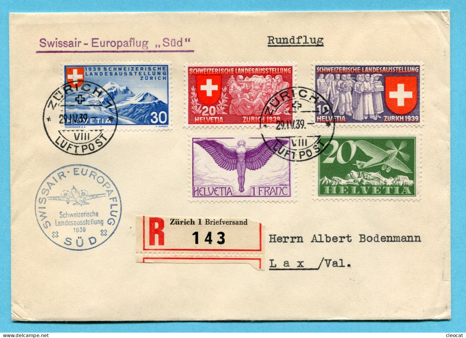 Brief Swissair - Europaflug Süd, Schweiz. Landesausstellung Zürich 1939 - Rundflug - Erst- U. Sonderflugbriefe