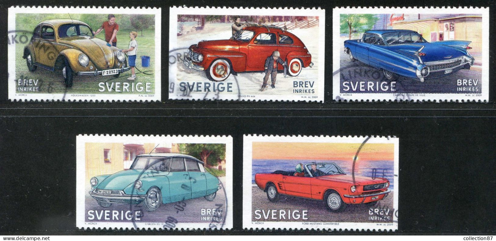 Réf 77 < SUEDE Année 2009 < Yvert N° 2659 à 2663  Ø Used < SWEDEN < Voiture Automobile < DS Citroen Coccinelle Cadillac - Used Stamps