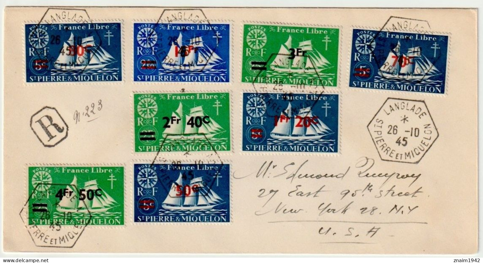 1945 ST PIERRE MIQUELON LETTRE RECOMMANDEE AFFR YVERT 315/322 OBLITERES LANGLADE 26-10  45 ST PIERRE MIQUELON - Storia Postale