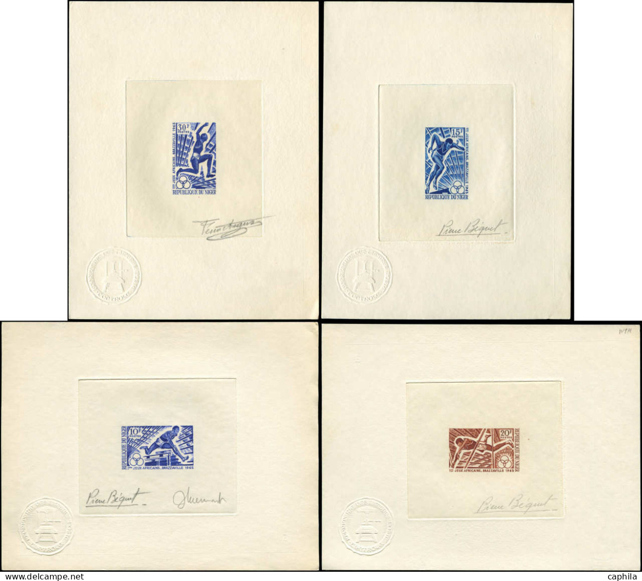 NIGER Poste EPA - 165/6 (bleu) + 167 (brun) + 168 (bleu), 4 épreuves D'artiste, Signées: Athlétisme - Other & Unclassified