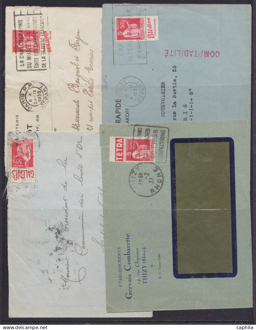 FRANCE Bandes Publicitaires LET - 283, collection de 58 enveloppes ou Cp avec timbres publicitaires: 50c. Paix (types à 