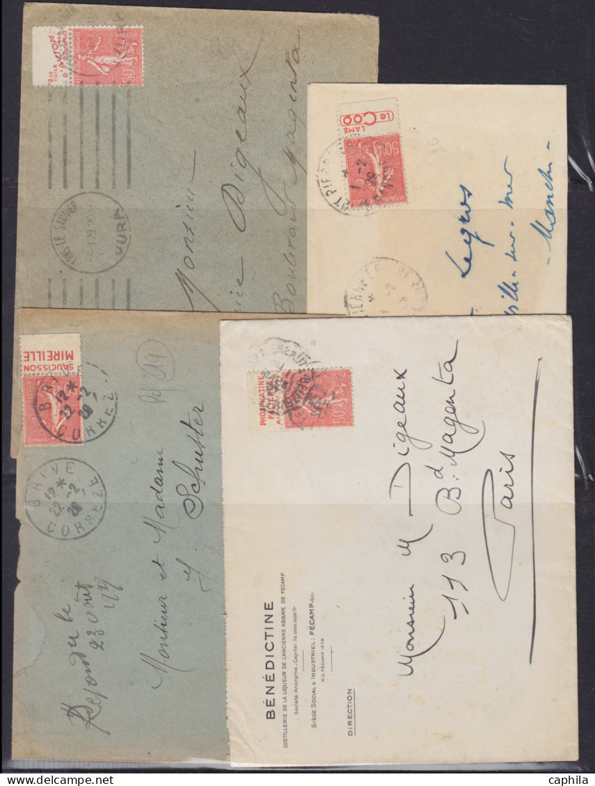 FRANCE Bandes Publicitaires LET - Collection de 105 lettres avec timbres + marges publicitaires. Période 1920/1950
