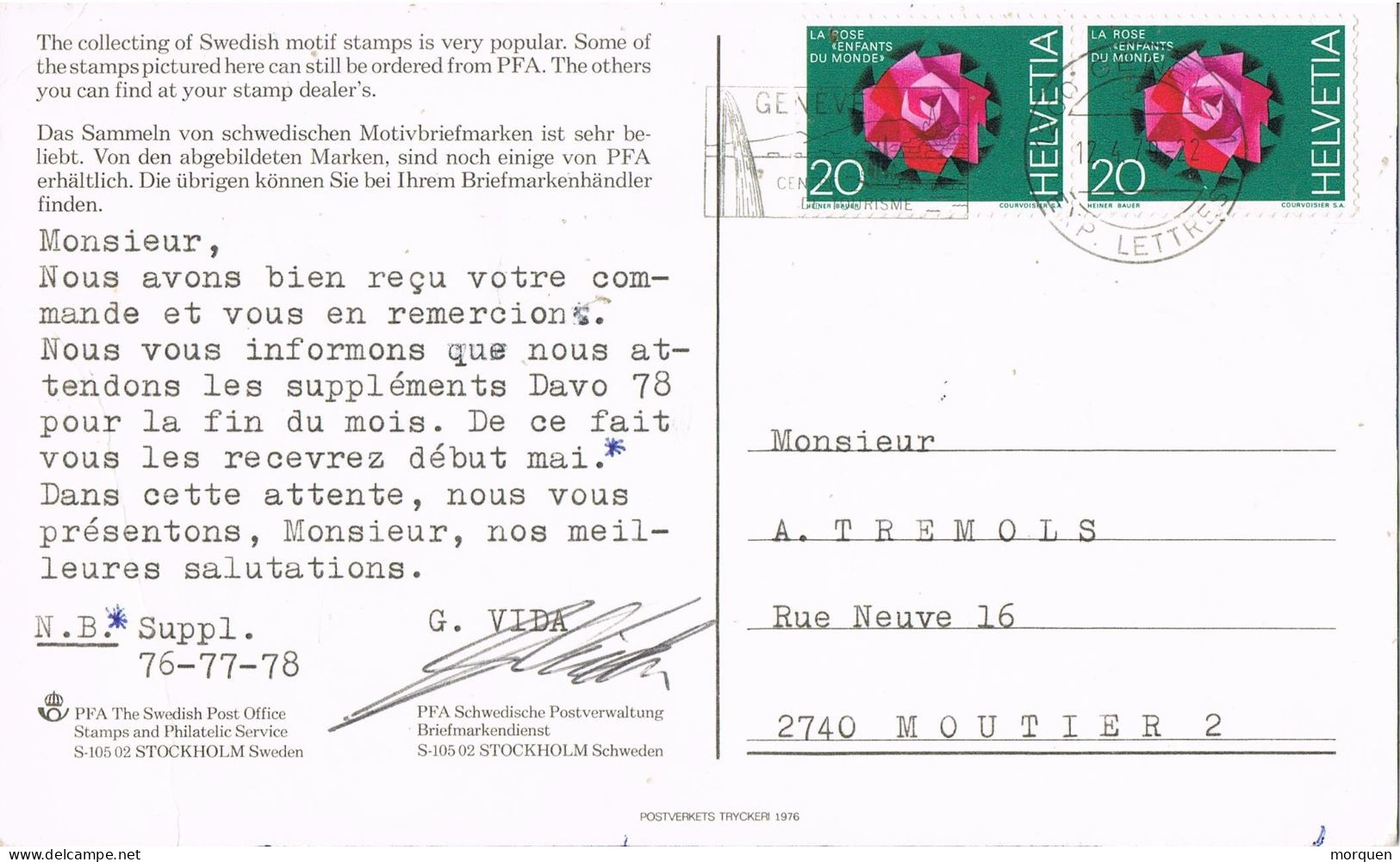 54712. Postal GENEVE (Suisse) 1978. Sellos De Suecia Tematica Aves, Birds - Covers & Documents