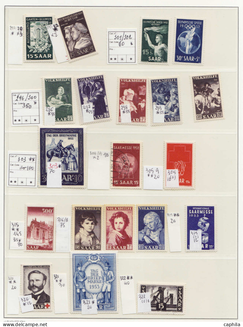 SARRE Lots & Collections LOT - 1927/1959, Sarre + Memel + Zone Française, petite collection en un album Leuchtturm, nomb