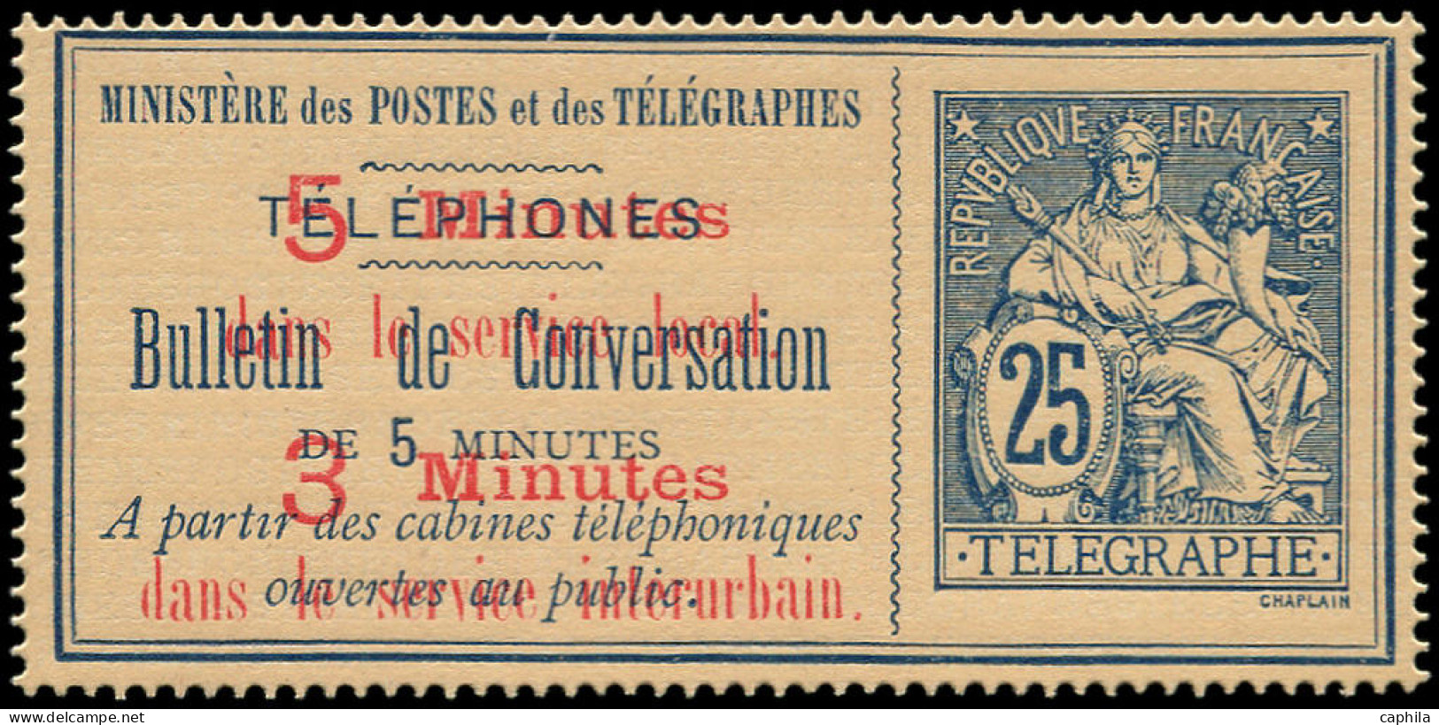 FRANCE Téléphone N - 12, Ministère Des Postes, Superbe, Signé Roumet: 25c. Bleu Surchargé - Cote: 3000 - Telegraphie Und Telefon