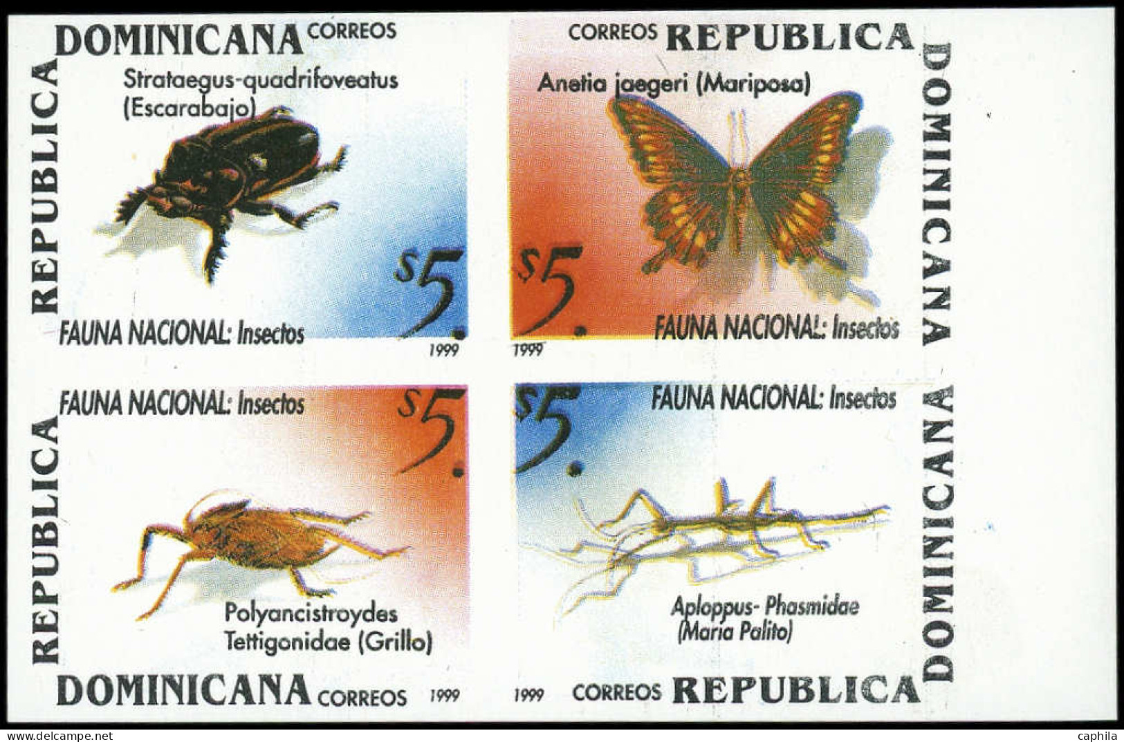 DOMINICAINE Poste ** - 1388/91, Bloc De 4 Non Dentelé: Insectes, Papillon - Dominicaanse Republiek
