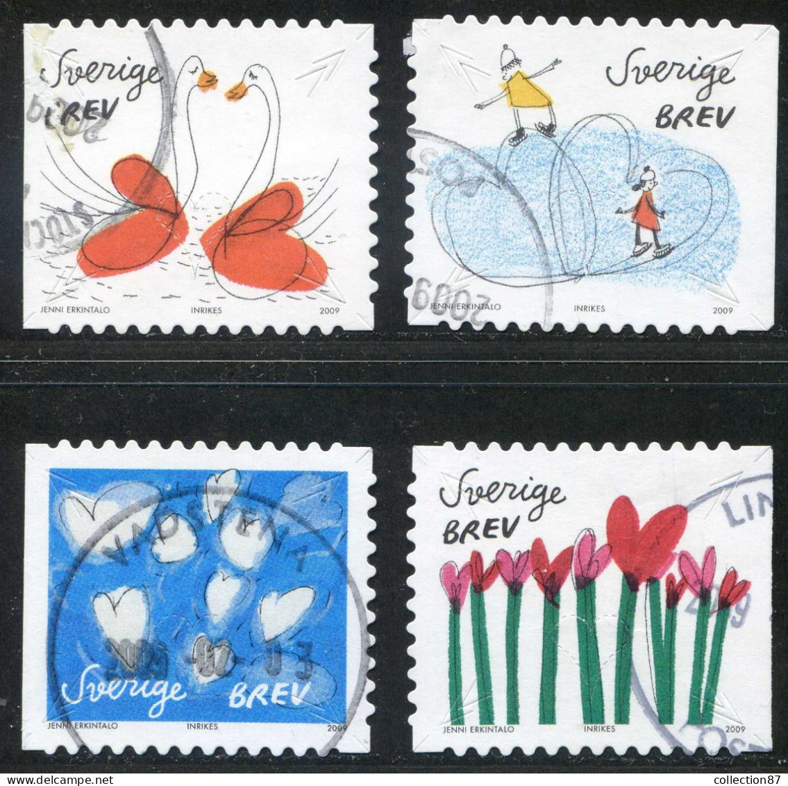 Réf 77 < SUEDE Année 2009 < Yvert N° 2665 à 2668 Ø Used < SWEDEN < Message Ensemble Cygnes Coeur - Used Stamps