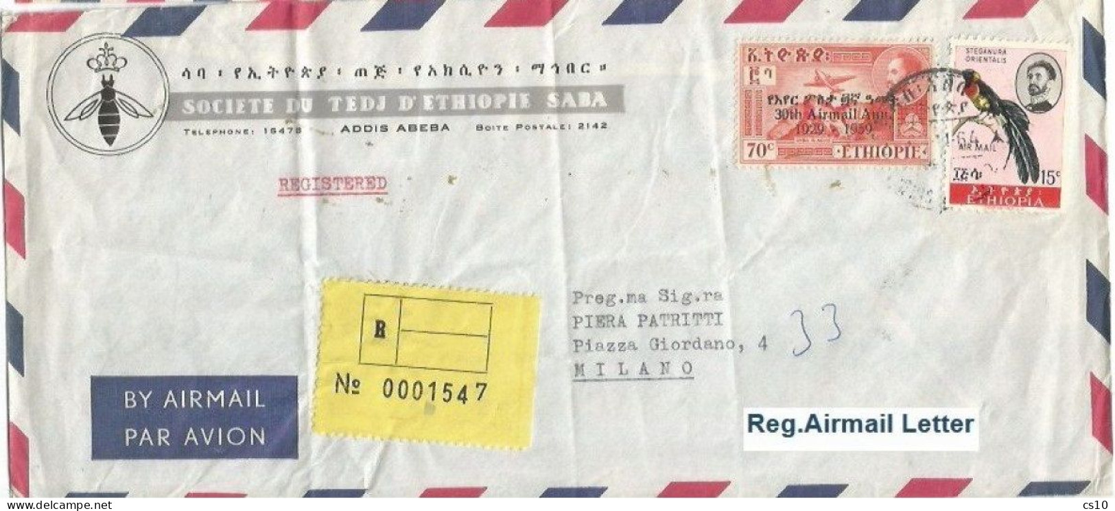 Ethiopia Airmail Registered Commerce Cover Addis Ababa 3nov1964 X Italy With HV C70 Airmail Ann. + Birds C15 - Ethiopia