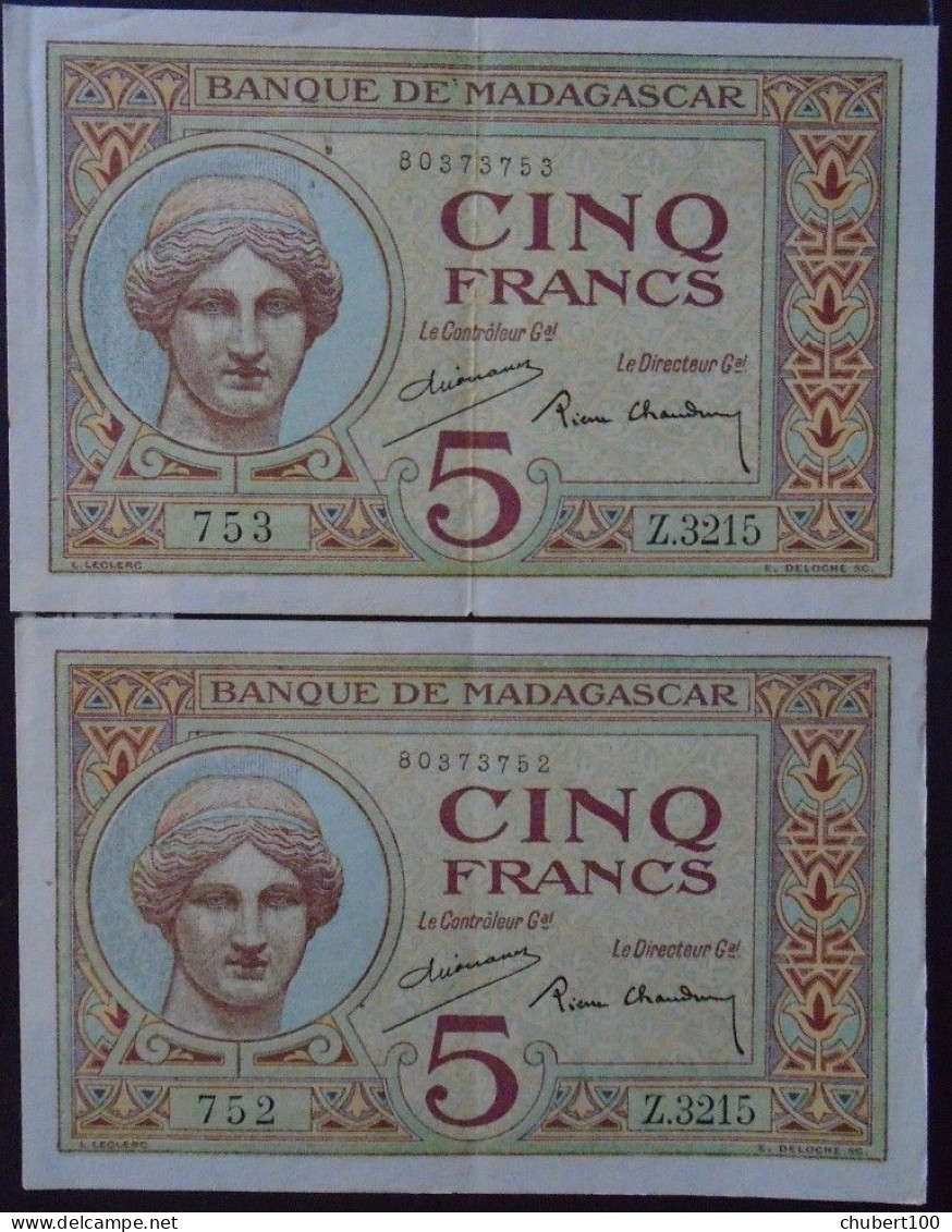 MADAGASCAR , P 35 , 5 Francs , ND 1937  , EF  SUP, 2 Notes - Madagascar