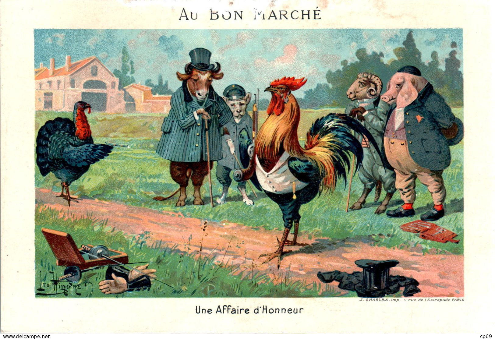 Chromo Au Bon Marché CHA-1 - N°8 Une Affaire D'Honneur - Animaux Humanisés Animali Personificati Coq Chien Cochon B.Etat - Au Bon Marché